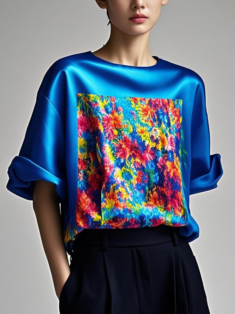 Fitted Grey Patchwork Silk Tops Summer