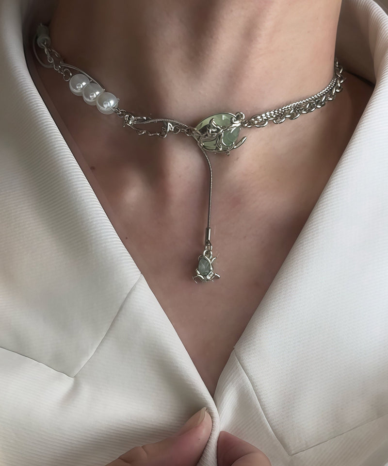 Stylish Green Stainless Steel Pearl Jade Bamboo Joint Water Droplet Tassel Lariat Necklace