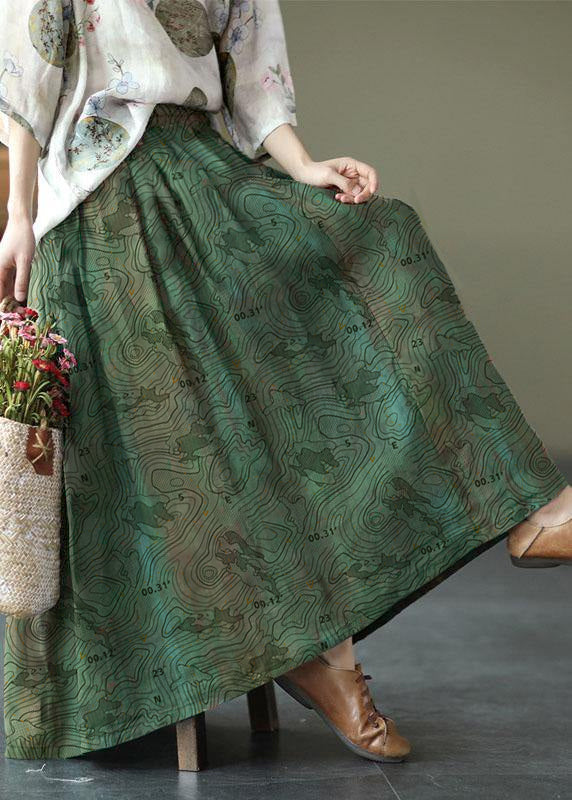 Brown Flower Ramie Elastic Waist Skirt
