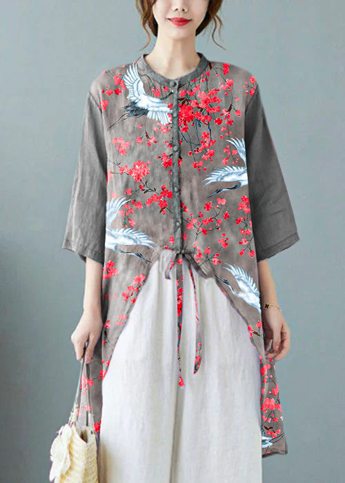 Orange Polka Dots Button Pockets Linen Tops Half Sleeve
