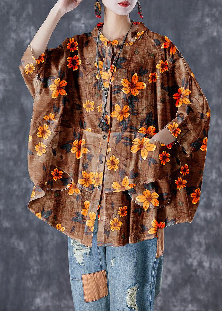 Orange-flower Stand Collar Patchwork Linen Shirt Tops Batwing Sleeve