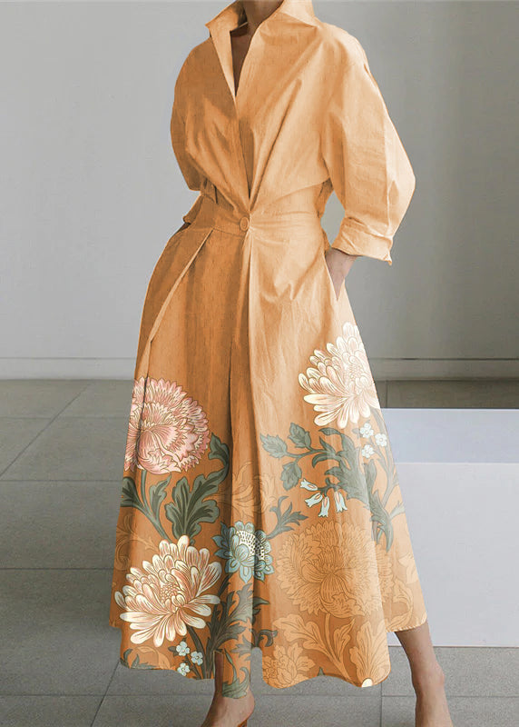 Apricot Lace Peter Pan Collar Pockets Cotton Dress Long Sleeve