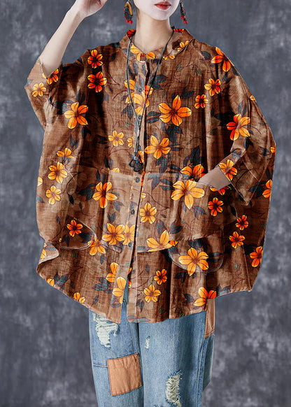Gray-camouflage Stand Collar Patchwork Linen Shirt Tops Batwing Sleeve