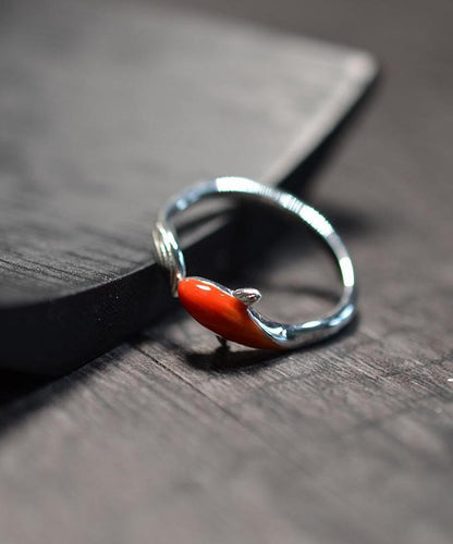 Red Sterling Silver Brocaded Carp Open Rings