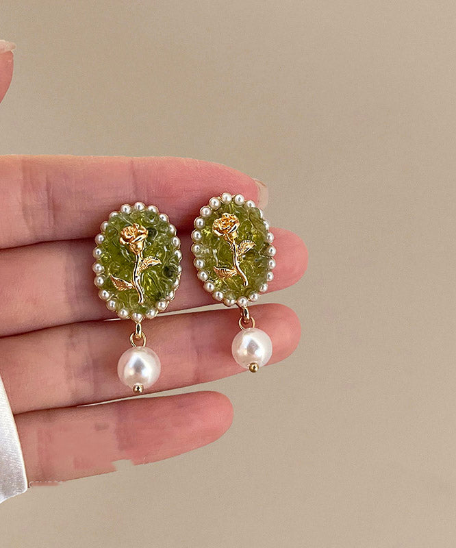 Green Sterling Silver Rose Pearl Drop Earrings