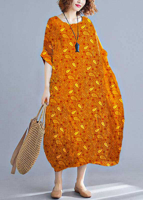 Orange O-neck Striped Summer Cotton Maxi Dresses