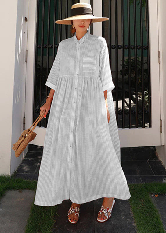 Yellow Peter Pan Collar Striped Button Pockets Wrinkled Long Dresses Half Sleeve