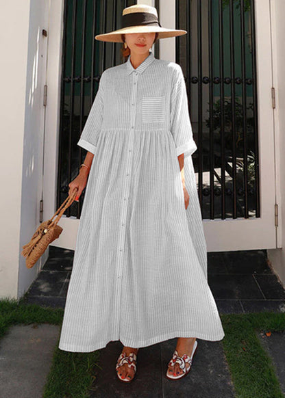 Green Peter Pan Collar Striped Button Pockets Wrinkled Long Dresses Half Sleeve