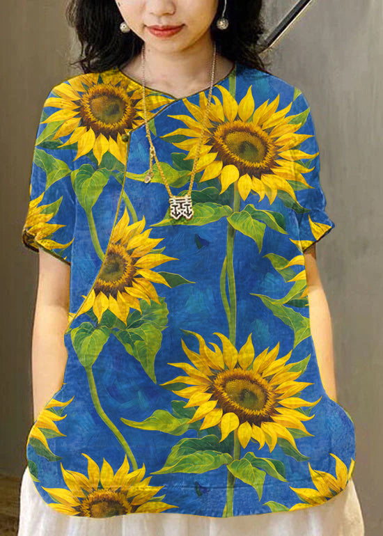 Chinese Style Blue Sunflower O-neck Embroidered Linen Tops Short Sleeve
