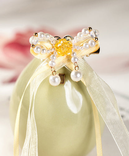 Yellow Copper Alloy Chiffon Pearl Colored Glaze Ribbon Kids Hairpin