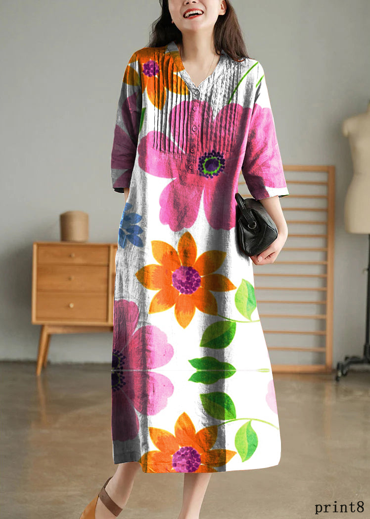 Grey Print6 Loose Linen Long Dresses Button Half Sleeve