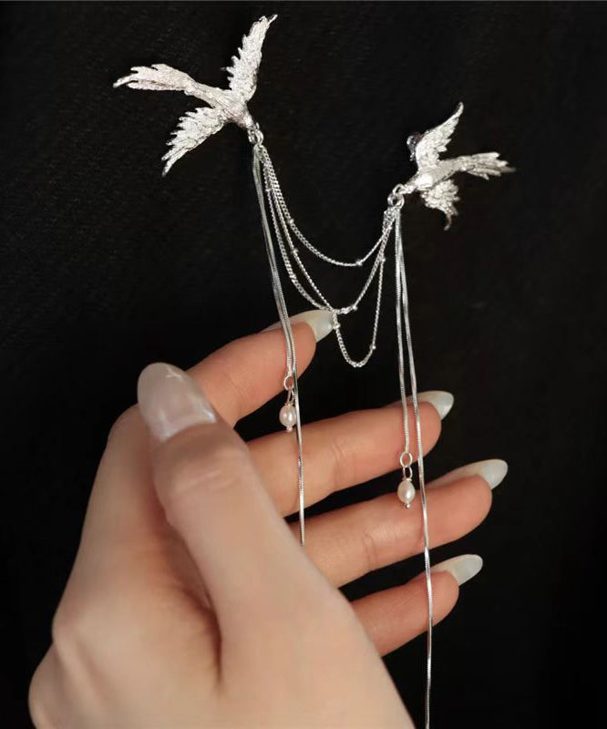Chinese Style Silk Sterling Silver Pearl Phoenix Seeking a Mate Tassel Brooch