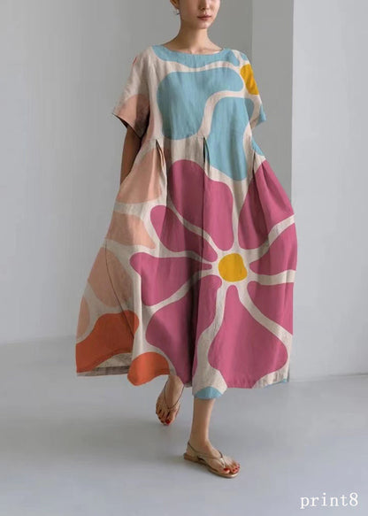 Flower Print7 Cotton Dresses Pockets Patchwork Spring
