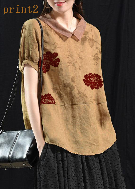 Khaki-red Flower Patchwork Turn-down Collar Summer Short Sleeve Top