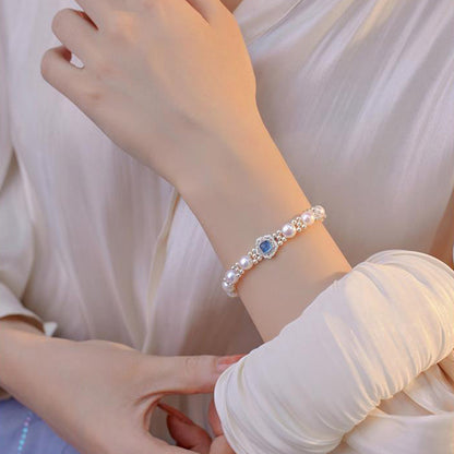 Modern Blue Sterling Silver Overgild Inlaidgem Stone Pearl Chain Bracelet