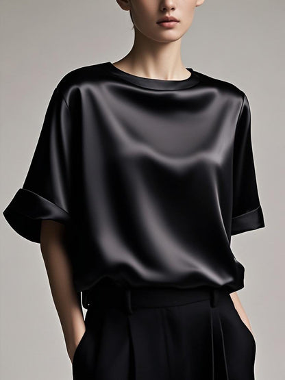 Fitted Blue Color Scheme Patchwork Silk Tops Summer