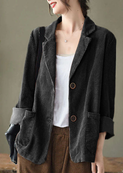 Loose Orange Yellow Button Pockets Peter Pan Collar Corduroy Coat Long Sleeve