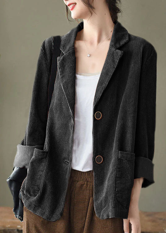 Loose Black Button Pockets Peter Pan Collar Corduroy Coat Long Sleeve