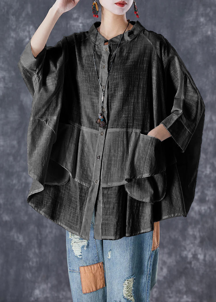 Orange-flower Stand Collar Patchwork Linen Shirt Tops Batwing Sleeve