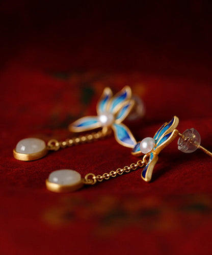 Blue Lotus Inlaid Jade Drop Earrings