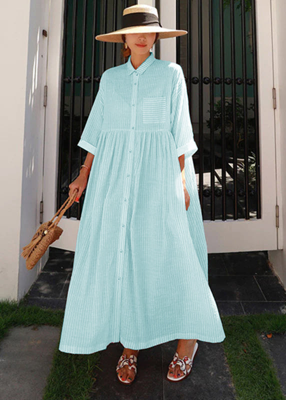 Yellow Peter Pan Collar Striped Button Pockets Wrinkled Long Dresses Half Sleeve