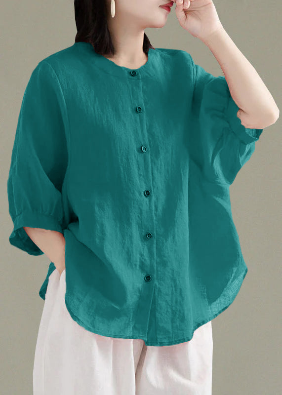 Art Print2 O-neck Button Linen Loose Shirt Top Lantern Sleeve