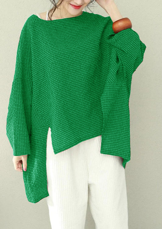 Asymmetric Cotton Fine Work Yellow Plaid Oversized Tops