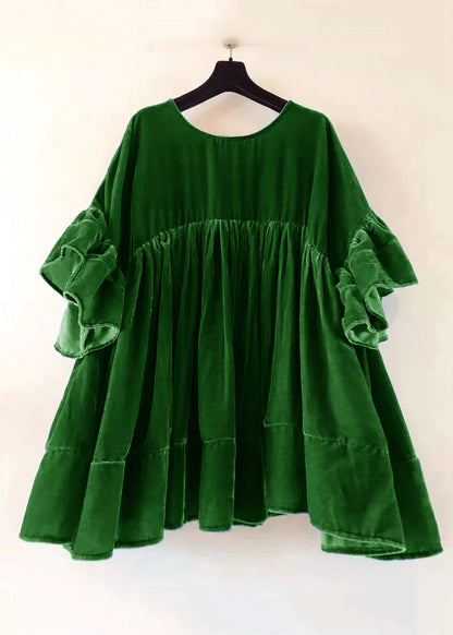 Red Wrinkled Patchwork Velour Short Dress Butterfly Sleeve