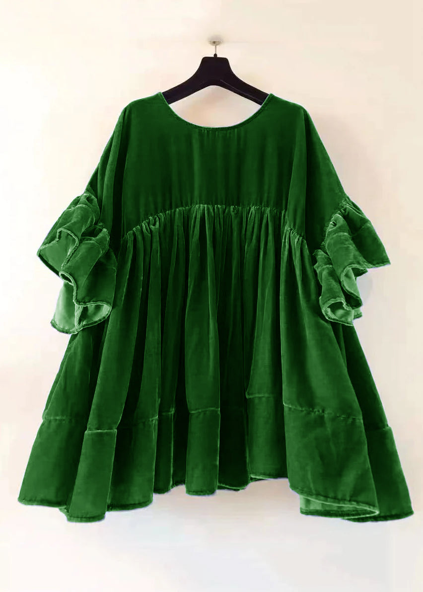 Brown Wrinkled Patchwork Velour Short Dress Butterfly Sleeve