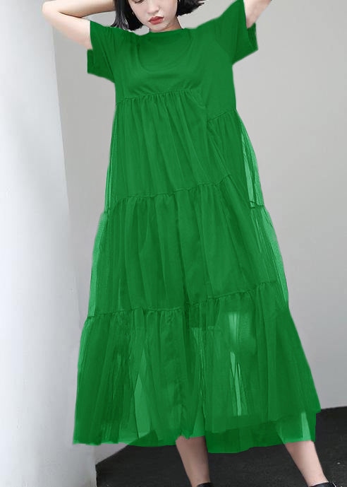 Loose Green Cotton Tunic Asymmetric Patchwork a Line Summer Dress