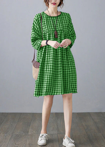 O-neck Wrinkled Pocket Green Linen Loose Dresses Half Sleeve
