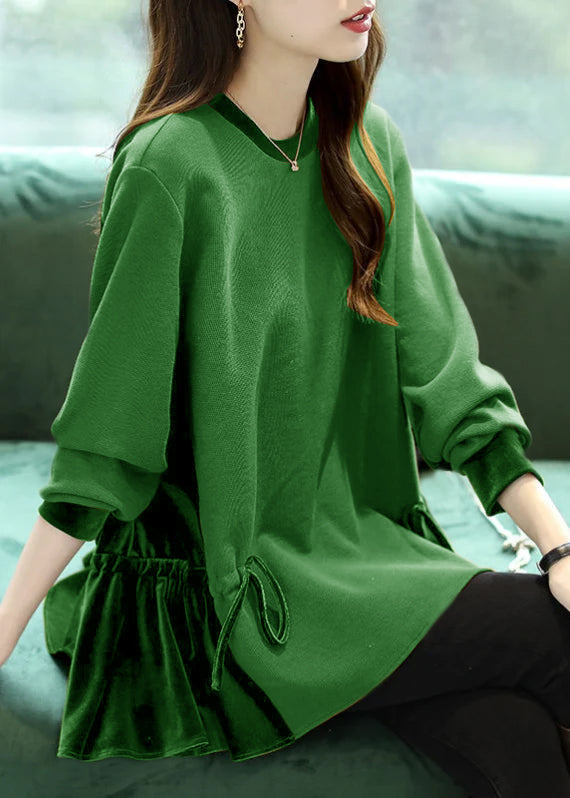 Loose Green O-neck Patchwork Drawstring Sweatshirts Top Long Sleeve