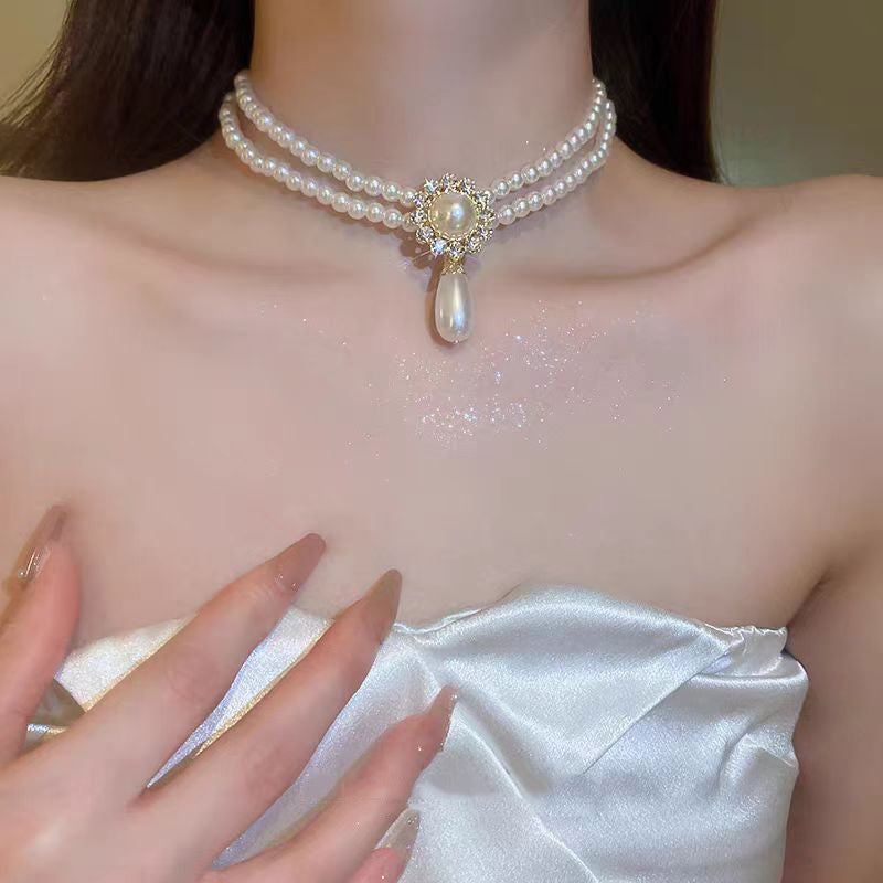 White Alloy Zircon Double Layered Pearl Water Drop Pendant Necklace