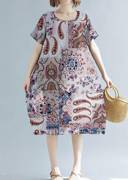 Simple White Print Cotton Linen Tunics Wild Daily Summer Dress