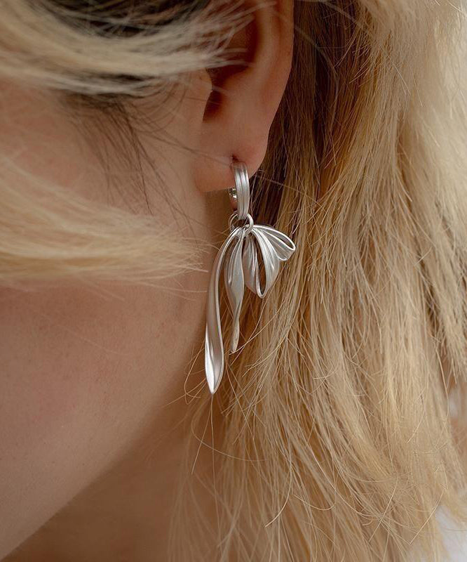 Silk Sterling Silver Bow Ribbon Drop Earrings