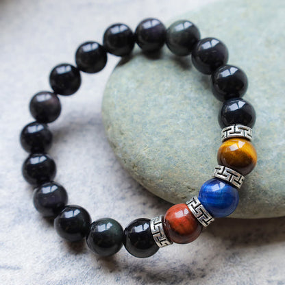 8mm Black Obsidian Tricolor Tiger Eye Strength Bracelet