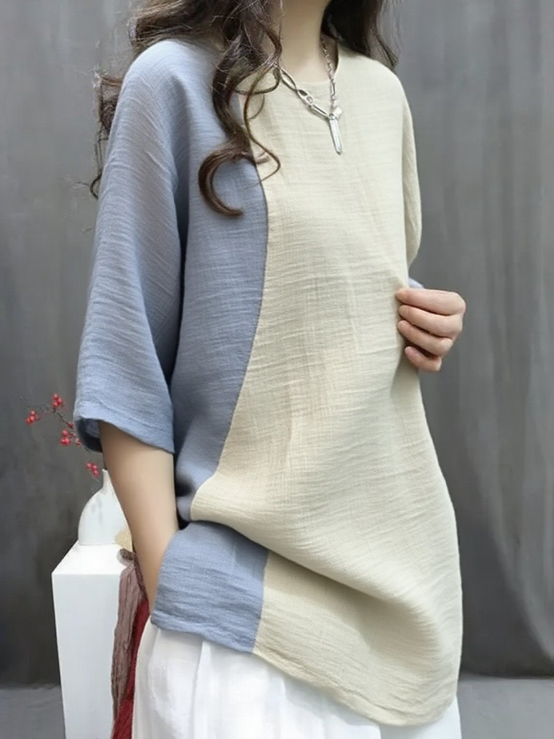 Handmade Three color spell O-Neck Print Button Top Summer