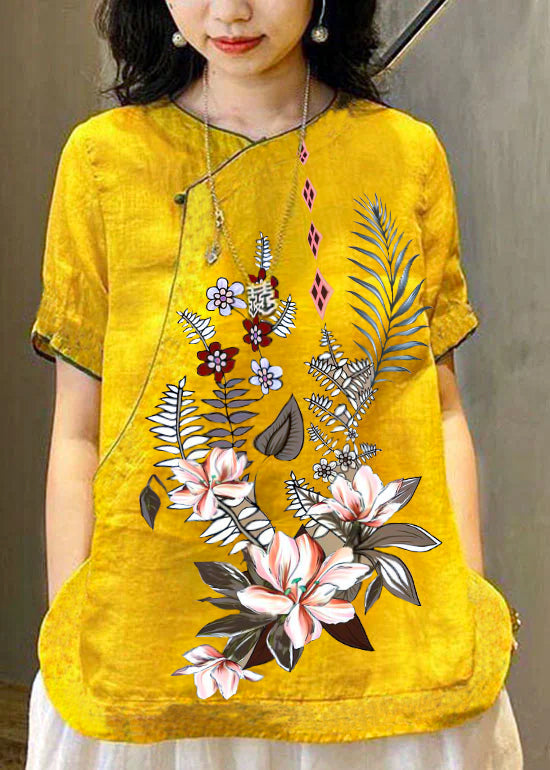 Chinese Style Blue Sunflower O-neck Embroidered Linen Tops Short Sleeve