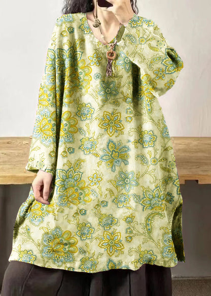 Green Polka Dots V Neck Embroidered Patchwork Linen Mid Dresses Fall