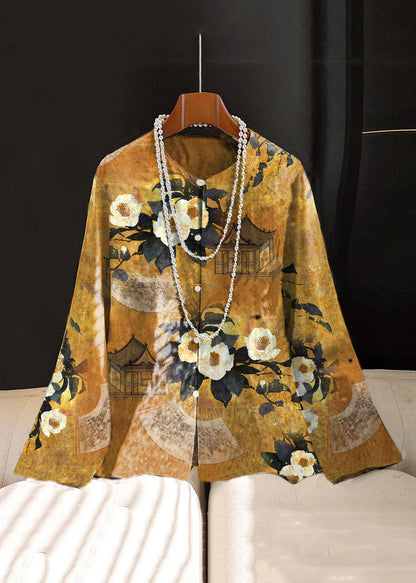 Chinese Style Black Texture Print Button Silk Coat Long Sleeve