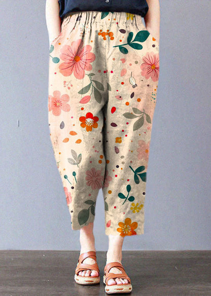 Italian Yellow Flowers Embroidered Pockets Linen Straight Pants Spring
