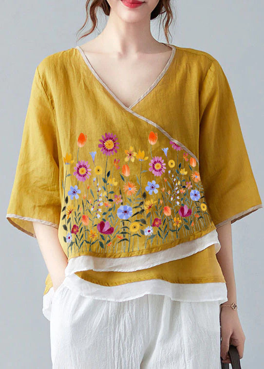 French White Flower V Neck Asymmetrical Design Shirt Spring