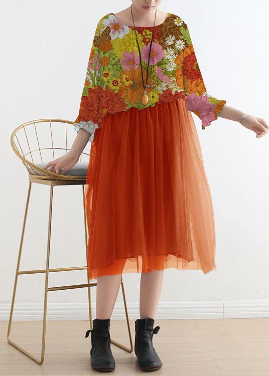 Orange Flower Tull Maxi Dresses Patchwork Chiffon Summer Dresses