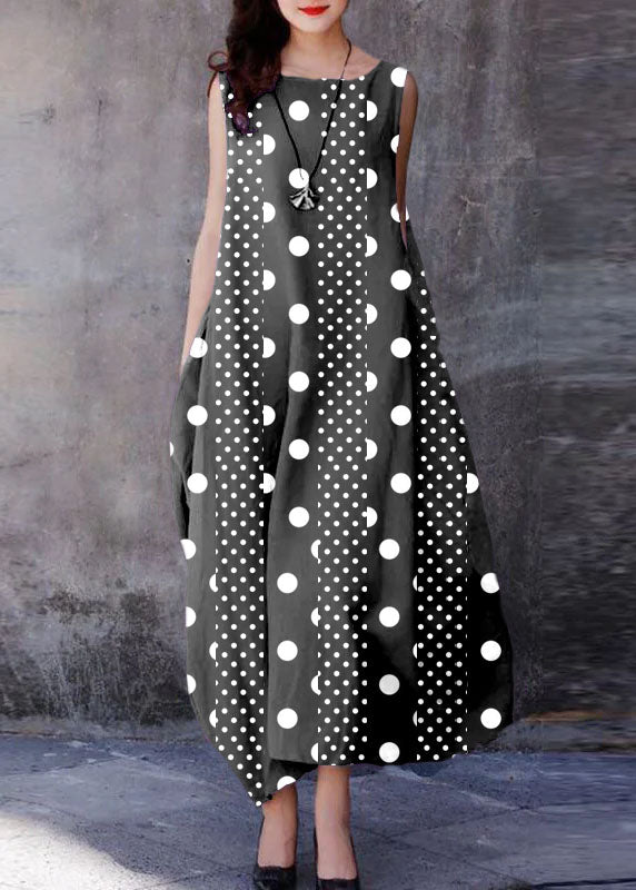 Grey Polka Dots O-neck Exra Large Hem Cotton Dresses Sleeveless