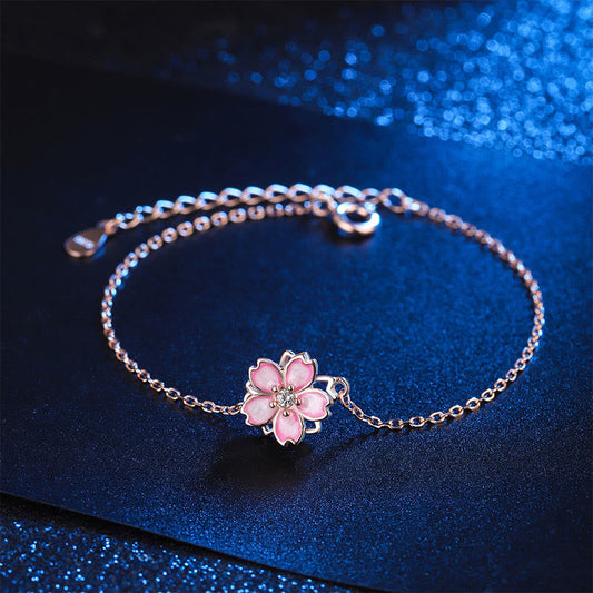 925 Sterling Silver Cherry Blossom Blessing Chain Bracelet With Rotatable Ring