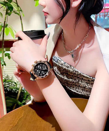 Black Leather Alloy Reinforced Glass Waterproof Watches