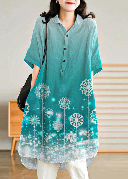 Jade Blue-snowflake Linen Linen Shirt Dress