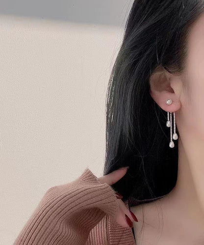 Gold Sterling Silver Overgild Zircon Pearl Tassel Drop Earrings