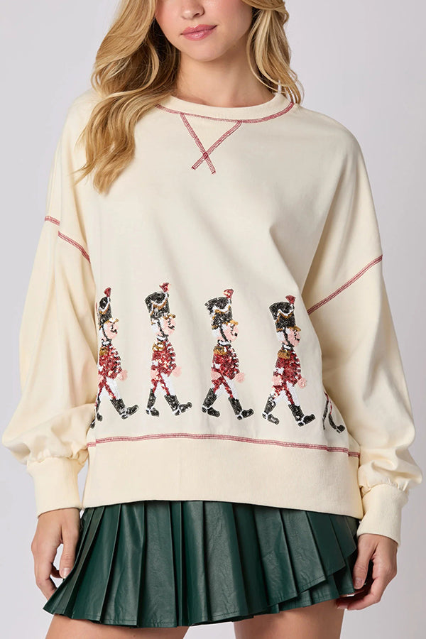 Christmas Soldier Sequin Long-Sleeve Casual Sweatshirt