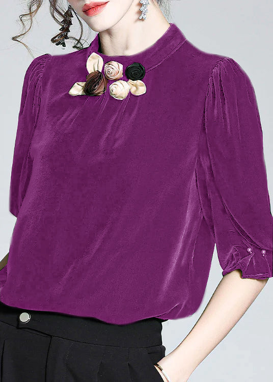 Blackish Green Stand Collar Silk Velour Top Short Sleeve